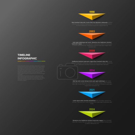 Illustration for Colorful vector infographic timeline report template with six triangle pyramid arrows pointer pins on simple vertical timeline - dark version with six pins - Royalty Free Image