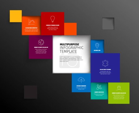 Illustration for Vector dark Minimalist colorful diagonal mosaic Infographic report template with various square blocks with one big block containing the infographic title. Colorful infochart with squares icons and texts - Royalty Free Image