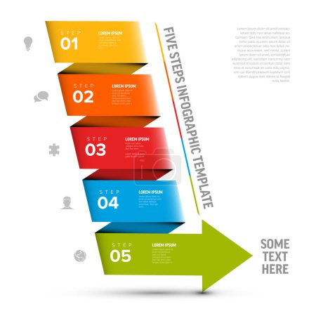 Illustration for Colorful five progress steps template made from big arrow with descriptions and icons. Simple folded diagonal paper stripe arrow infographic template with five blocks and icons on light background - Royalty Free Image