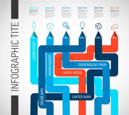 Illustration for Vector light multipurpose Infographic template with blue red elements options and thick lines. Multipurpose Infochart with modern colors lines icons and pyramid triangle arrows pointing on one direction. - Royalty Free Image