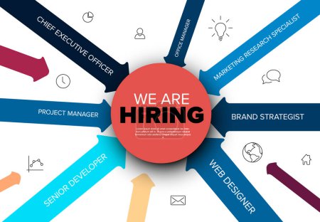 Illustration for We are hiring light minimalistic flyer template - looking for new members of our team hiring a new member colleages to our company organization team - simple motive with circle and arrows with position names - Royalty Free Image