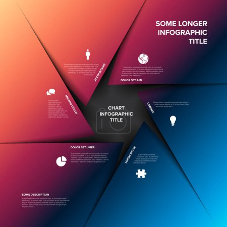 Illustration for Vector multipurpose Infographic template with title and six triangle blue red gradient paper with sample texts and icons. Multipurpose Infochart with modern colors. - Royalty Free Image