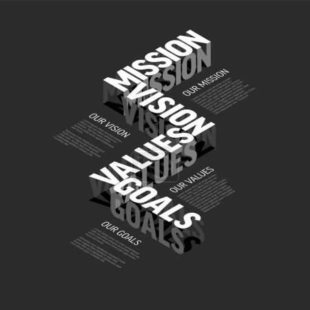 Ilustración de Vector minimalista en blanco y negro Misión, visión, valores y objetivos esquema de diagrama infografía con muestra de textos colocados sobre un fondo oscuro - Imagen libre de derechos