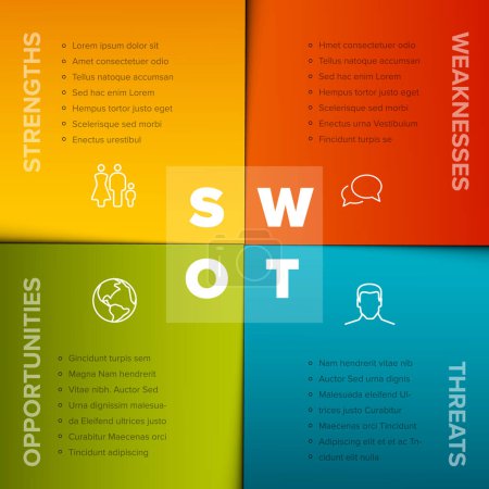 Vector SWOT (fortalezas, debilidades, oportunidades, amenazas) plantilla de diagrama hecho de cuatro bloques cuadrados de papel de colores con letras grandes. Plantilla de infografía minimalista Swot. 