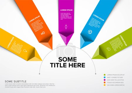 Illustration for Vector multipurpose Infographic template made from title in big circle and five color pyramid arrow items in long stripes with icons titles and descriptions. Multipurpose infochart template - Royalty Free Image