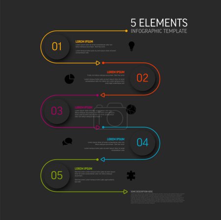 Illustration for Vector dark Infographic template with dark gray circle step cards, icons and descriptions. Simple minimalistic multipurpose infochart template with five step elements and color border line - Royalty Free Image