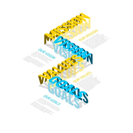 Ilustración de Vector minimalista azul y amarillo Misión, visión, valores y metas esquema de diagrama infografía con muestra colocada textos sobre fondo blanco - Imagen libre de derechos