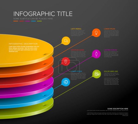 Vector dark Infographic color circle layers plates template with six level desks for material structure - color template with droplets pointers icons and descriptions. Multipurpose level layers infographic