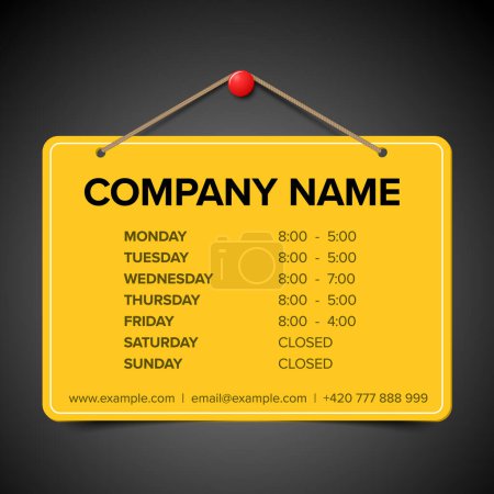 Illustration for Shop opening time hours template on yellow placard on dark background. Vector yellow paper sign with border on the door with the company shop opening hours template, just change the data - Royalty Free Image