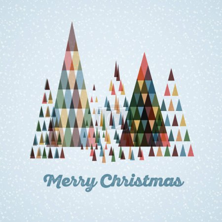 Illustration for Vintage retro Christmas card template with various trees made from color triangles on blue background with shite snowflakes. Simple minimalist retro vintage Christmas card - Royalty Free Image