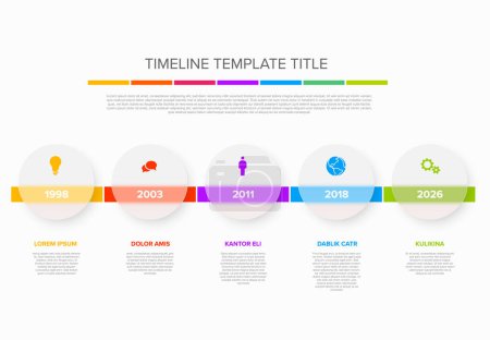 Illustration for Vector light color time line with icons in five semi transparent matt glass circles template  with icons, descriptions and rainbow colorful arrows timeline in the white background. - Royalty Free Image