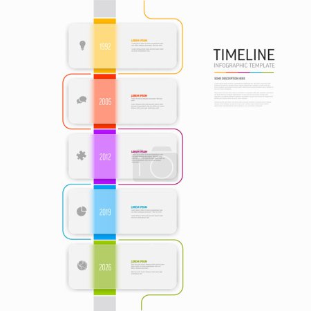 Ilustración de Línea de tiempo de color de luz vectorial con iconos en cinco bloques de vidrio mate semitransparentes plantilla con iconos, descripciones y líneas de tiempo de flechas de colores arco iris en el fondo blanco. - Imagen libre de derechos