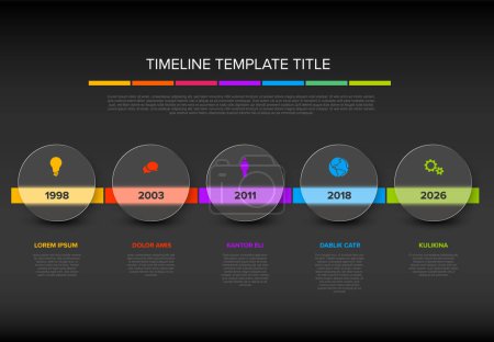 Illustration for Vector dark color time line with icons in five semi transparent matt glass circles template  with icons, descriptions and rainbow colorful arrows timeline in the dark gray background. - Royalty Free Image