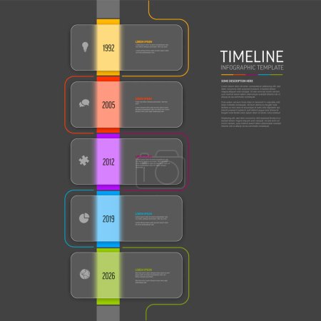 Illustration for Vector dark color time line with icons in five semi transparent matt glass rectangle blocks template  with icons, descriptions and rainbow colorful arrows timeline in the dark gray background. - Royalty Free Image