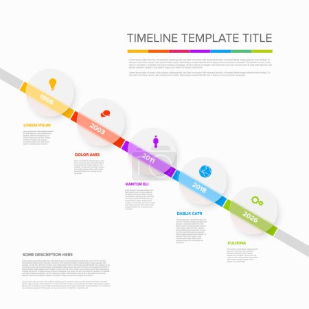 Illustration for Vector light color diagonal time line with icons in five semi transparent matt glass circles template  with icons, descriptions and rainbow colorful arrows timeline in the white background. - Royalty Free Image