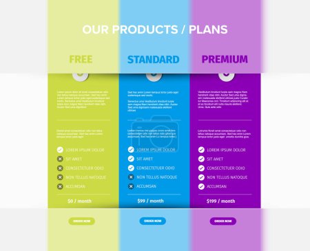 Illustration for Product features schema template cards with three services, feature lists, order buttons and descriptions. Pricing table light template with three options product subscription types with list of features - Royalty Free Image