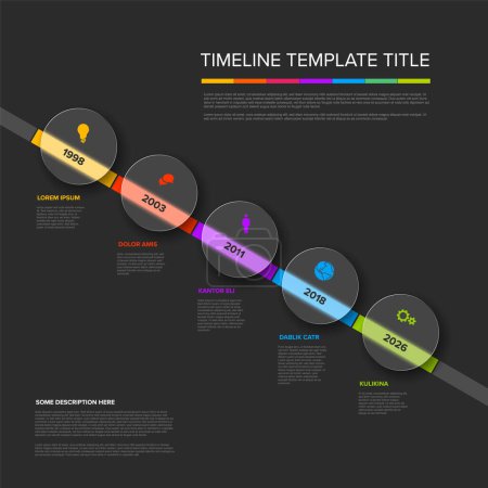 Illustration for Vector dark color diagonal time line with icons in five semi transparent matt glass circles template  with icons, descriptions and rainbow colorful arrows timeline on the dark background. - Royalty Free Image