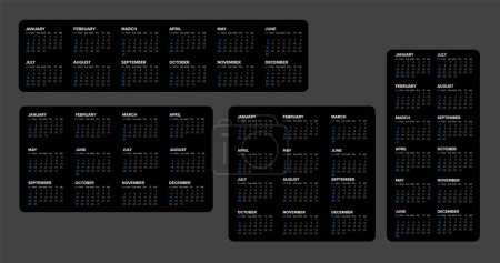 Ilustración de Colección de plantillas de diseño de calendario blanco vectorial para el año 2024 (las semanas comienzan el domingo). Cuatro versiones de diseño de plantilla oscura con todos los meses del calendario - plantilla de calendario minimalista simple - Imagen libre de derechos