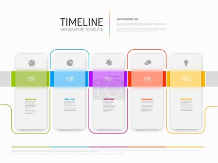 Illustration for Vector horizontal light color time line with icons in five semi transparent matt glass rectangle blocks template  with icons, descriptions and rainbow colorful arrows timeline in the white background. - Royalty Free Image