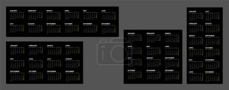 Illustration for Collection of vector black calendar layout templates for the year 2024 (weeks starts on monday). Four layout versions of dark template with all calendar months - simple minimalistic calendar template - Royalty Free Image