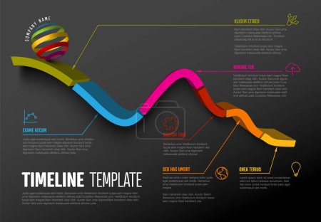 Illustration for Vector dark Infographic timeline report template with 3d colored stripe graph, icons and descriptions. Multipurpose infographic time line template - Royalty Free Image