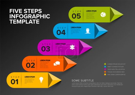 Illustration for Vector dark multipurpose Infographic template with title and six steps items. Multipurpose Infochart with modern colors stripe lines icons and pyramid triangle arrows pointing on one direction. - Royalty Free Image