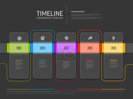 Illustration for Vector horizontal dark color time line with icons in five semi transparent matt glass rectangle blocks template  with icons, descriptions and rainbow colorful arrows timeline in the black background. - Royalty Free Image