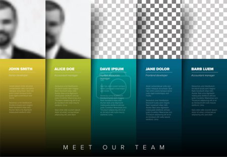 Illustration for Company team presentation template with team profile photos placeholders and some sample text about each team member each in green blue stripes - photo team members placeholders with description - Royalty Free Image