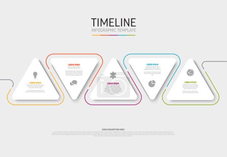 Illustration for Vector light Infographic template with white rounded triangle cards and colorful lines,  icons and descriptions. Simple minimalistic time line infographic template - Royalty Free Image