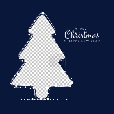 Téléchargez les illustrations : Modèle minimaliste de carte flyer de Noël sombre avec des flocons de neige blancs sur un cadre photo de famille en forme d'arbre de Noël et un fond bleu foncé avec des points décoratifs en cercle blanc - en licence libre de droit