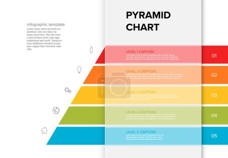 Téléchargez les illustrations : Modèle vectoriel de couches de stipe infographique à cinq niveaux - modèle de pyramide de couleur sur fond clair avec icônes, pyramides triangulaires et descriptions et bloc transparent - en licence libre de droit