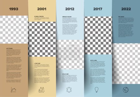 Illustration for Vector Infographic Company Milestones Timeline Template with photo placeholders on pastel blue and brown steps stairs columns. Timeline with photos description and big year numbers - Royalty Free Image