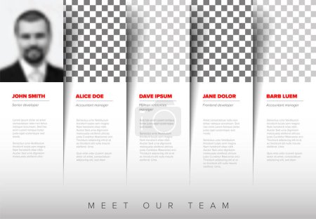 Illustration for Company team presentation template with team profile photos placeholders and some sample text about each team member in white stripe - photo team members placeholders with description - Royalty Free Image
