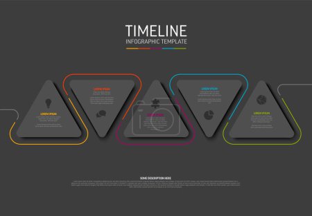 Illustration for Vector dark Infographic template with gray rounded triangle cards and colorful lines,  icons and descriptions. Simple minimalistic time line infographic template - Royalty Free Image