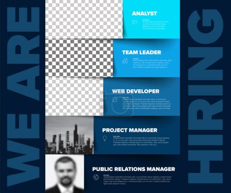 Illustration for We are hiring minimalistic blue flyer template - looking for new members of our team hiring a new member colleages to our company organization team - simple motive with blue blocks - Royalty Free Image
