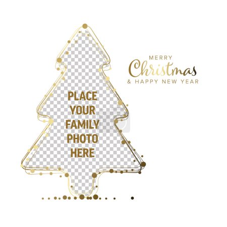 Téléchargez les illustrations : Modèle minimaliste de carte flyer de Noël avec des flocons de neige dorés sur un cadre photo de famille en forme d'arbre de Noël et fond blanc avec des points décoratifs en or blanc - en licence libre de droit