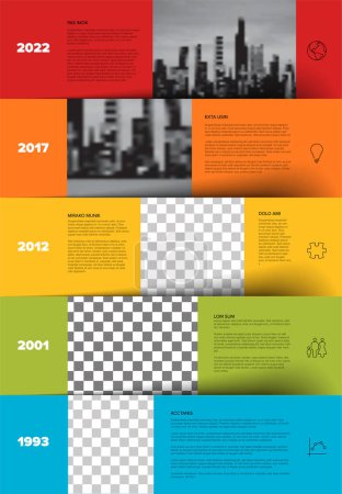 Illustration for Vector Infographic Company Milestones Timeline Template with photo placeholders on color steps stairs row stripes. Timeline with photos description and big year numbers - Royalty Free Image