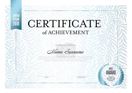 Illustration for Modern certificate of achievement template with place for your content - blue silver metallic design. Light white golden layout template for any premium certificate, diploma, graduation or achievement document for print - Royalty Free Image