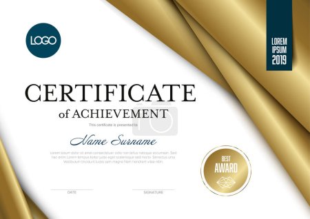 Illustration for Modern light golden certificate of achievement template with place for your content - golden material stripse in the corners, premium luxury version - Royalty Free Image