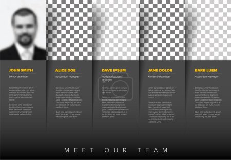 Illustration for Company team presentation template with team profile photos placeholders and some sample text about each team member in dark gray stripe - photo team members placeholders with description - Royalty Free Image