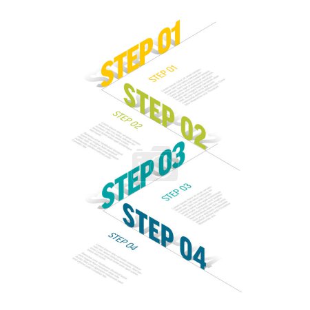 Illustration for Vector Infographic vertical steps diagram template for workflow, business schema or procedure diagram - light version with four big isometry texts. Progress steps with titles descriptions and icons - Royalty Free Image
