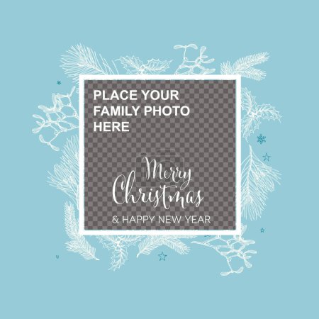 Illustration for Vintage light blue vector hand drawn Christmas card with family photo placeholder - customizable editable family christmas card layout template - light version with white handdrawn elements - Royalty Free Image