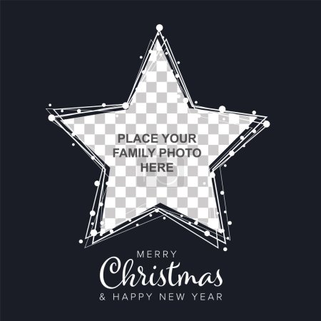 Téléchargez les illustrations : Modèle minimaliste de carte flyer de Noël sombre avec des flocons de neige blancs sur un cadre photo de famille en forme d'étoile de Noël et un fond bleu foncé avec des points décoratifs en cercle blanc - en licence libre de droit