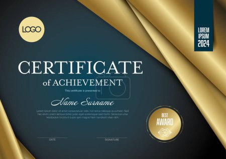 Ilustración de Plantilla moderna de certificado de logro azul oscuro y dorado con lugar para su contenido: tiras de material dorado en las esquinas, versión de lujo premium - Imagen libre de derechos