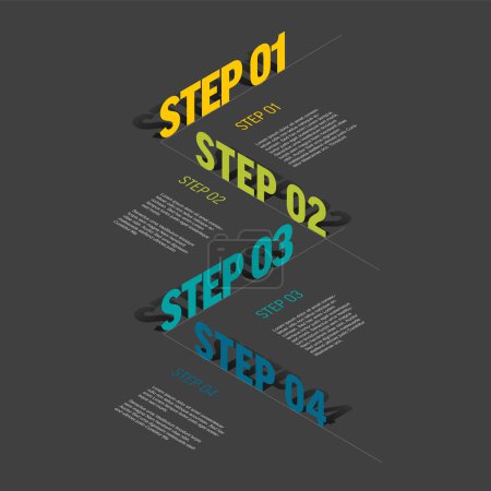 Illustration for Vector Infographic vertical steps diagram template for workflow, business schema or procedure diagram - dark version with four big isometry texts. Progress steps with titles descriptions and icons - Royalty Free Image