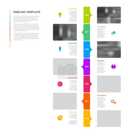 Illustration for Vector multipurpose vertical simple light progress timeline steps template with descriptions, icons and photo placeholders - universal minimalistic infochart time line layout - Royalty Free Image