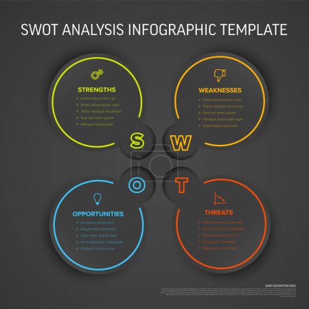 Illustration for Vector dark SWOT (strengths, weaknesses, opportunities, threats) diagram schema template made from four circles. Swot minimalistic infograph template. Swot infochart layout design. - Royalty Free Image