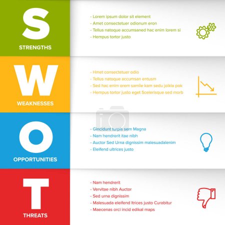 Illustration for Color SWOT diagram schema template for your analysis - just rewrite the content in the light rows. Ready to print template - Royalty Free Image