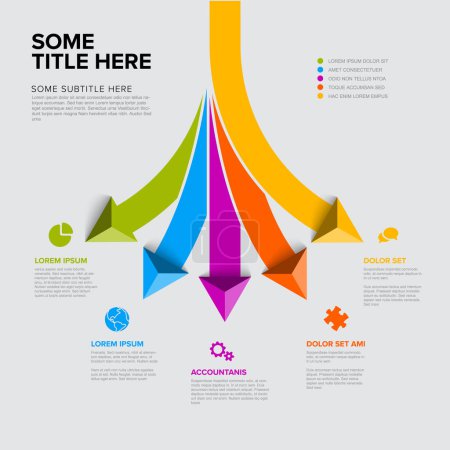 Illustration for Vector light multipurpose Infographic template with title and five elements options with big color arrows. Multipurpose Infochart with modern colors lines icons and pyramid triangle arrows pointing on various  directions - Royalty Free Image