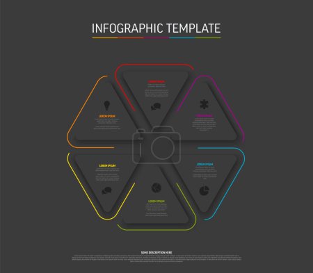 Illustration for Vector multipurpose dark Infographic template with title and six elements options in tringle shapes and modern colors on a dark gray background with icons - Royalty Free Image